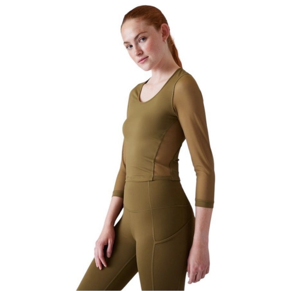 Athleta Pacer Mesh Top in Olive Green.